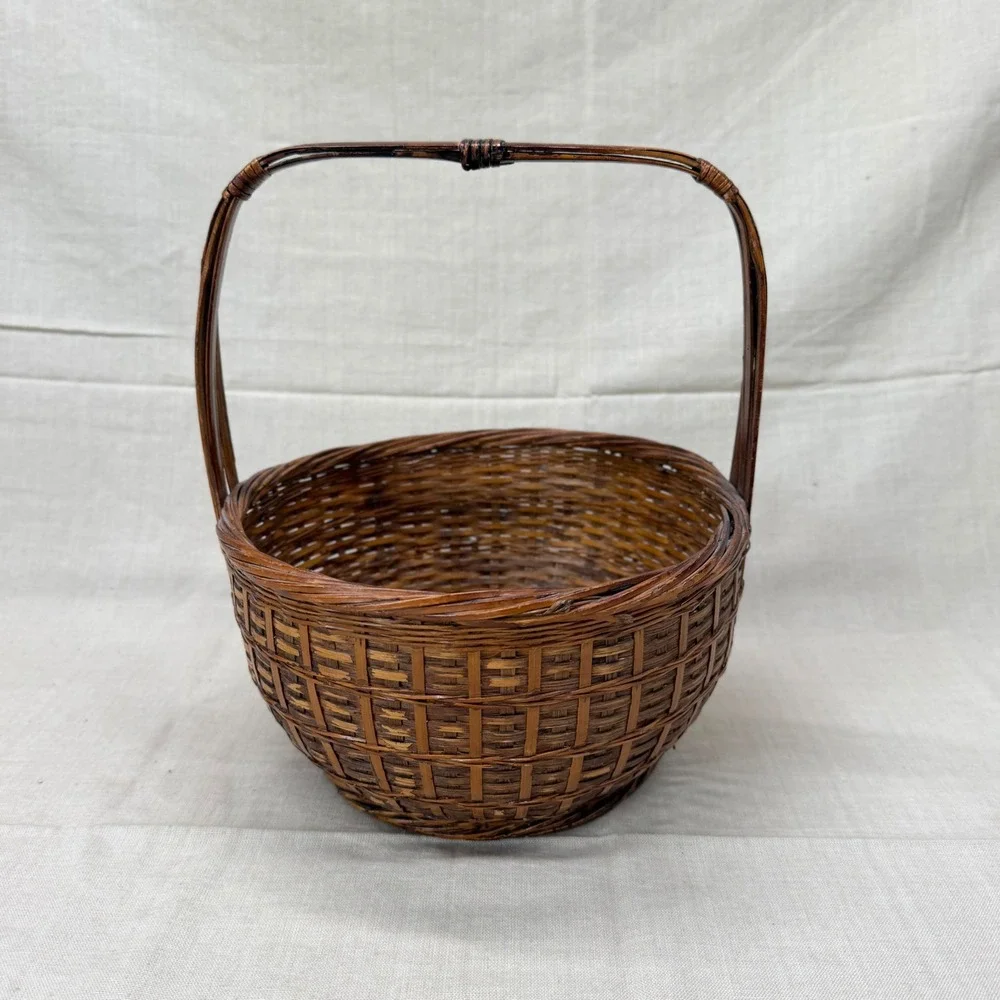 Vintage Woven Bamboo Gathering Basket with Handle Brown Rustic Farmhouse Decor